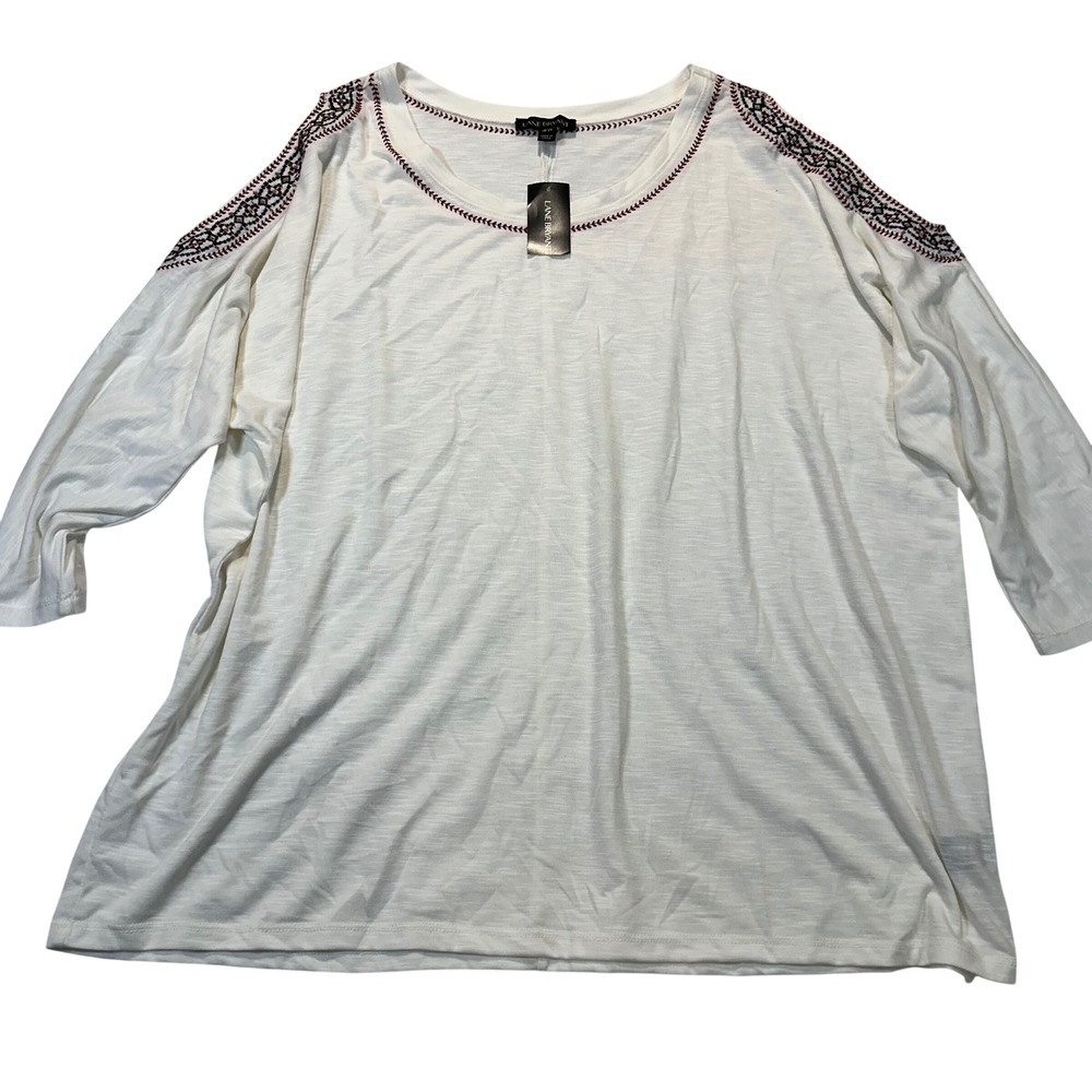 Lane Bryant Cold Shoulder Top Women 18/20 White Boho Embroidered Slub Knit
